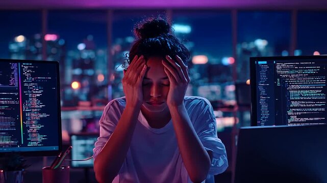 Stressed young woman working late at night with computer code on multiple monitors.