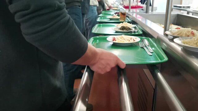 Customers slide trays along metal rails to select lunch dishes in a busy public dining room, showing a self-service cafeteria line and diverse meal options in high-quality 4k resolution.