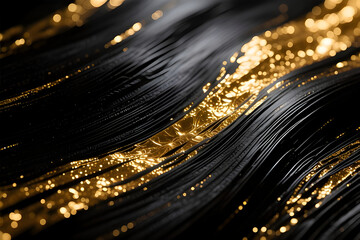 A luxurious abstract digital art piece featuring a striking contrast between sleek black textured ribbons and a glowing river of molten gold. The image evokes a sense of premium elegance.