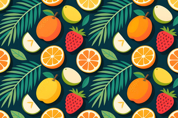A vibrant seamless vector pattern featuring various fruits including oranges, strawberries, mangoes, and apples mixed with green palm leaves. Set against a dark navy blue background.
