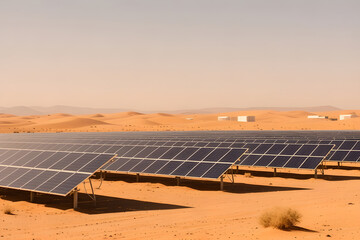 A wide landscape view of a solar power farm located in the heart of a desert. Rows of solar panels stretch towards the horizon under intense sunlight, contrasting with golden sand dunes.