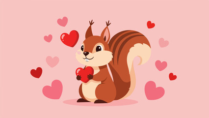 Cheerful cartoon squirrel holding a red heart on a pink background