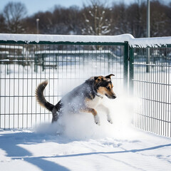 Dog playing in snow near fence