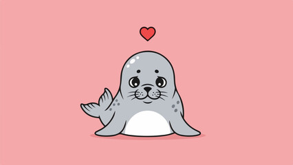 Cartoon-style illustration of a gray seal with white accents and a red heart on a pink background