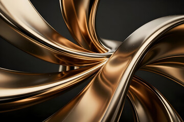 An abstract 3D render featuring high-gloss golden and bronze metallic ribbons swirling gracefully against a dark background. The composition evokes a sense of luxury, modern elegance.