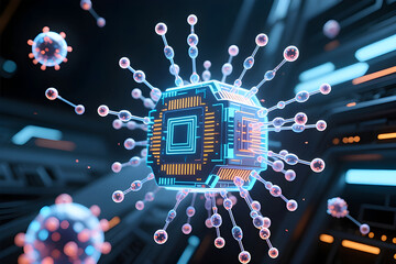 A futuristic 3D render illustrating the core of next-generation technology, featuring a glowing blue and orange microchip at the center connected to delicate molecular structures. 