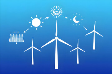 A minimalist 2D infographic on a blue gradient background featuring white icons of wind turbines, solar panels, the sun, and the moon. Connected by arrows, the visual represents a 24-hour renewable.