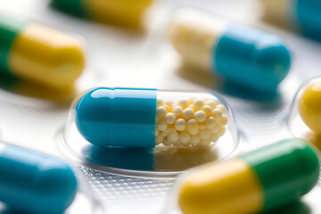 A macro shot featuring a blue and transparent medicine capsule filled with small white pellets. The capsule is set in a blister pack, surrounded by other colorful capsules in soft focus.