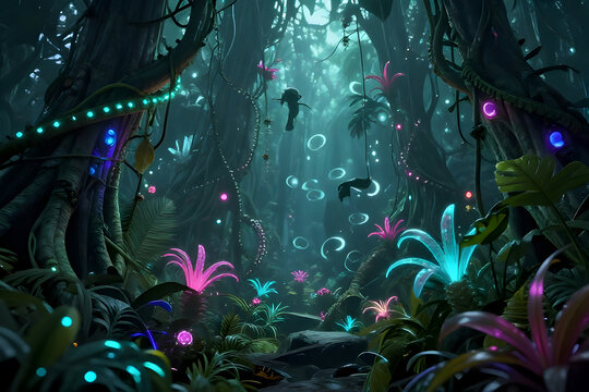 A breathtaking landscape of a mystical jungle at night, teeming with bioluminescent flora. Vibrant pink flowers and cyan translucent plants glow against the dark, dense foliage. Sparkling orbs.
