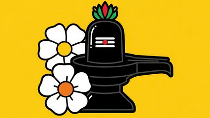 Naklejka premium Vibrant illustration of a black Shiva Lingam adorned with flowers, symbolizing joy and devotion during Vasant Panchami Puja, set against a bright yellow background