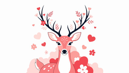 Illustration of a deer with antlers adorned with red flowers and green leaves on a pastel background