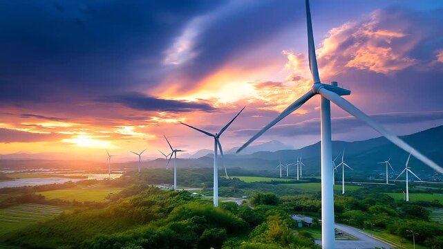 Wind turbines harnessing renewable energy to produce green hydrogen for manufacturing nitrogen fertilizer in sustainable agricultural setting, clean power generation, eco-farming t