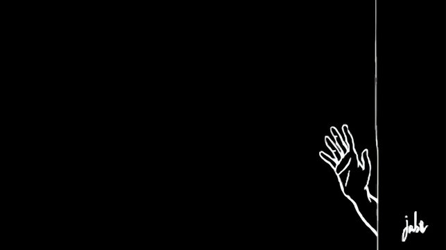 Stylized white line art illustration of a human hand reaching out from a dark black background, concept of seeking or emergence.