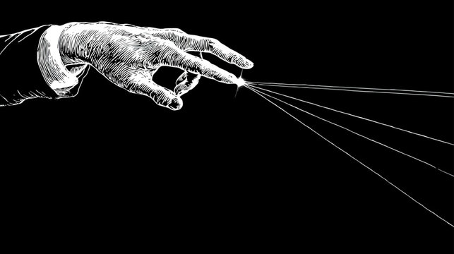 Stylized human hand manipulating multiple glowing light beams against a deep black background, conceptual illustration