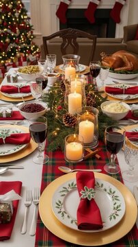 Festive holiday dining table with candlelight centerpiece in traditional style, red and green colors, Christmas family celebration