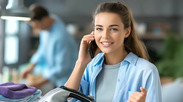 Woman singing loud, ironing clothes steaming, iron living room, happy female multitasks, laundry day performing, joy boyfriend stands, phone background domestic, scene household ch