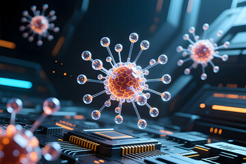 A high-tech 3D render featuring virus-like structures hovering over a futuristic circuit board and microchip. This imagery symbolizes cyber threats, malware attacks.
