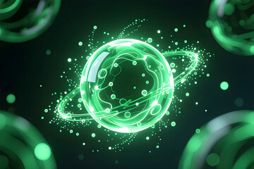 An abstract graphic featuring a glowing emerald green sphere resembling a planet or energy cell, surrounded by luminous rings and swirling particles. It represents clean energy, biotech innovation.