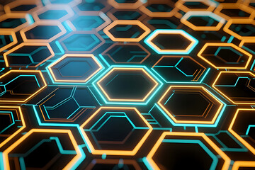 A 3D graphic of glowing hexagonal shapes in blue and orange hues, representing systematic and complex data connectivity. It symbolizes the infrastructure of blockchain technology.