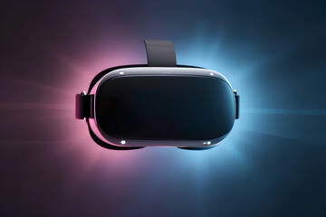 A sleek, modern VR headset floating against a dramatic backdrop of glowing pink and blue light rays. This image represents the gateway to virtual reality, advanced gaming technology.