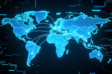 A digital graphic of a glowing blue world map illustrating data connection paths and logistics routes between continents on a high-tech grid background. It represents globalization.