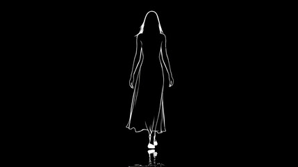 Mysterious white outline of a woman walking away, minimalist graphic silhouette on a dark black background with reflection.