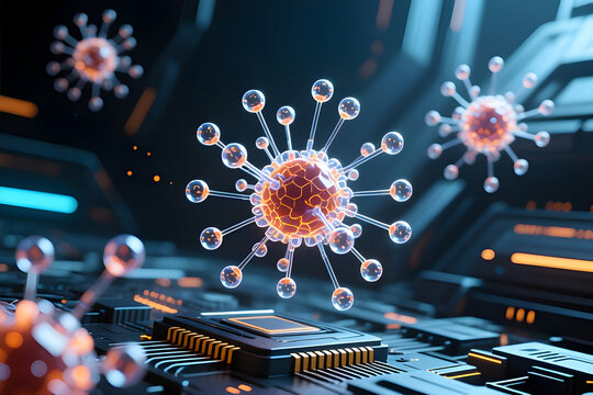 A high-tech 3D render featuring virus-like structures hovering over a futuristic circuit board and microchip. This imagery symbolizes cyber threats, malware attacks. - Powered by Adobe