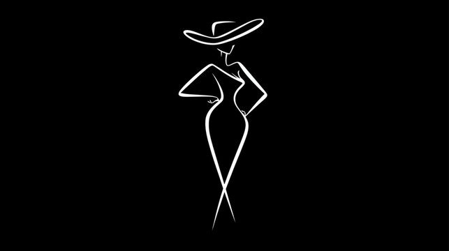 Elegant woman fashion silhouette in a stylish hat and fitted dress, abstract minimalist line art against a black background.