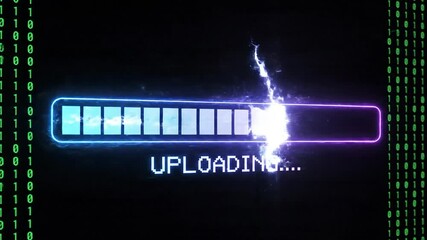 A dynamic digital progress bar glows with vibrant neon colors indicating an UPLOADING status against a dark futuristic background adorned with flowing green binary code symbolizing data transfer and . - Powered by Adobe