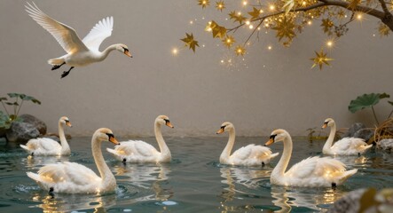 Obraz premium Elegant Swans Soaring and Swimming in a Serene Pond with Magical Golden Lights