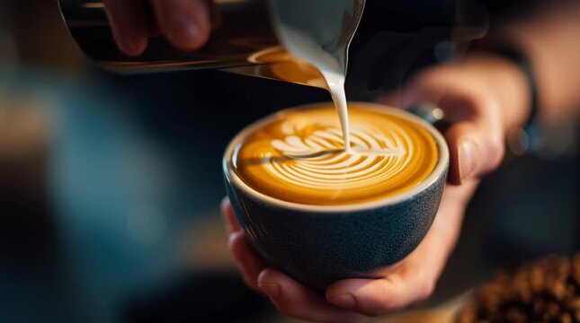 Barista pouring milk to create latte art in a coffee cup close up