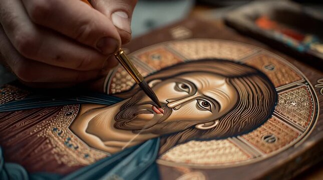 Artist hand painting details on an orthodox christian icon of jesus christ