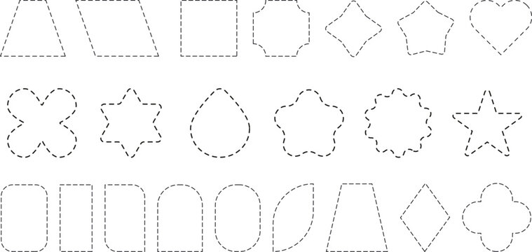 Line cut coupon with scissors. Borders with dashes of round, triangle, and rectangular shapes. Vector empty dotted frame templates for advertising design.. png