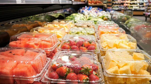 Freshly Cut Fruit Variety Packs Displayed in Supermarket Cooler for Sale