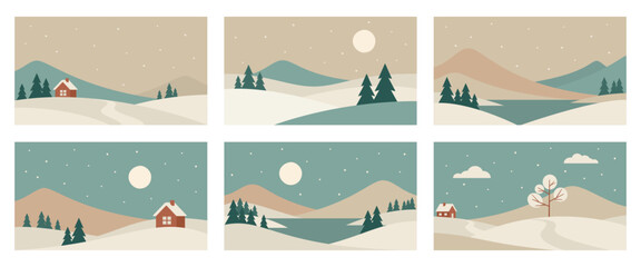 Minimalistic snowy winter landscape illustrations. Vector images in Scandinavian style