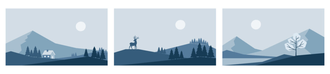 Minimalistic winter landscapes in blue colors. Mountains, fir tree and deer. Hand drawn vector illustrations