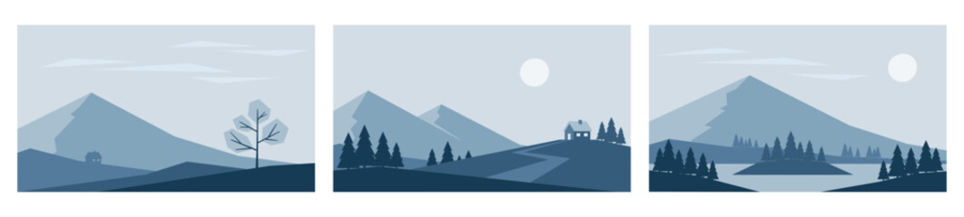 Minimalistic winter landscapes in blue colors. Mountains, fir tree and island. Original vector illustrations