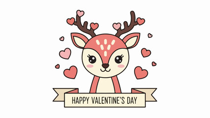 Fototapeta premium Whimsical deer with heart-adorned antlers and floating hearts on a light background with Happy Valentine's Day banner