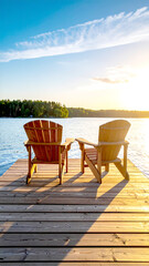 Zwei Holzst&uuml;hle auf Steg am See bei Sonnenuntergang