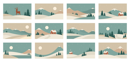 Minimalistic winter landscape illustrations in Scandinavian style. Hand drawn vector design