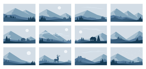 Minimalistic winter landscapes in blue colors. Mountains, fir trees and night sky. Hand drawn vector illustrations
