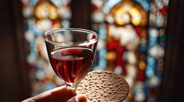 Communion elements held by hand wine in glass and unleavened bread wafer