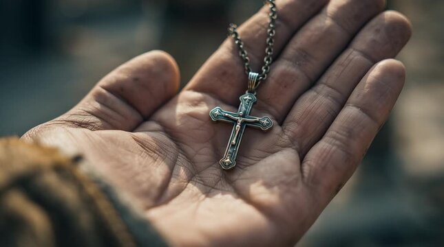 Mans rough hand holding silver crucifix necklace with jesus christ figure