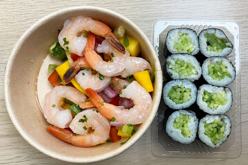 Fresh Shrimp Ceviche and Cucumber Sushi Rolls Platter