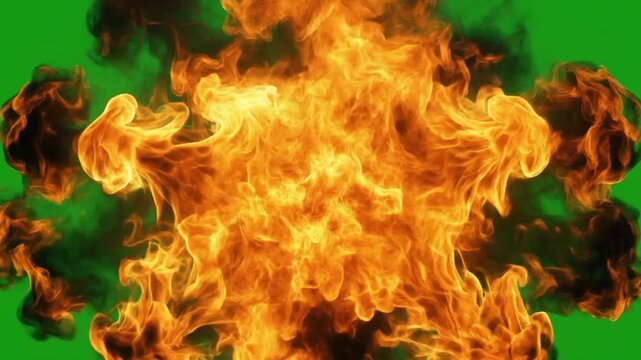 A powerful fire burst expanding forward on a green screen background 4k video