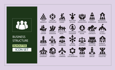 Business structure icon set. Company, office, business network, hierarchy, employees, organization, agency, workplace, corporation and more. Solid vector icons collection.
