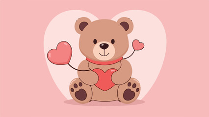 Obraz premium Charming teddy bear illustration with hearts and red ribbon on pink gradient background