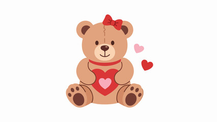 Charming illustrated teddy bear with red bow and heart-shaped ribbon on light beige background
