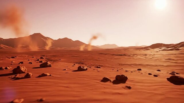Red Planet Martian Landscape with Dust Devils and Mountains Under a Hazy Sun