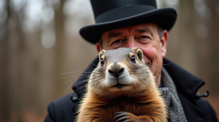 Smiling man holding groundhog during Groundhog Day celebration